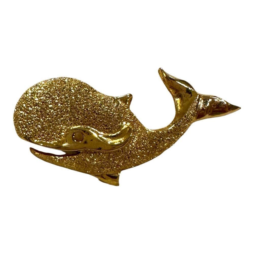Vintage Gold Tone Whale Brooch lapel pin cardigan or bag charm